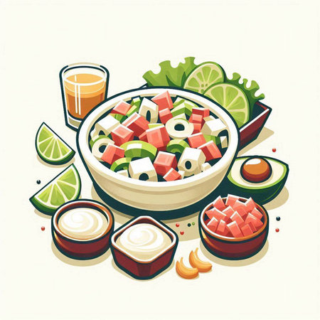 Salad with crab sticks, lime and mayonnaise. Vector illustration.のイラスト素材