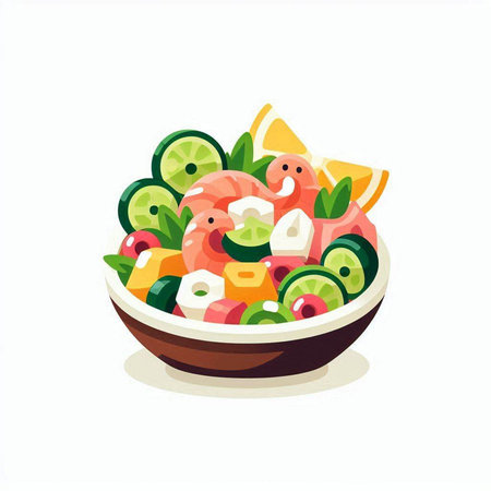Salad with shrimps, cucumbers, olives and feta cheese. Vector illustrationのイラスト素材