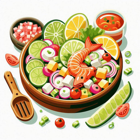 Salmon salad in a wooden bowl. Healthy food. Vector illustration.のイラスト素材
