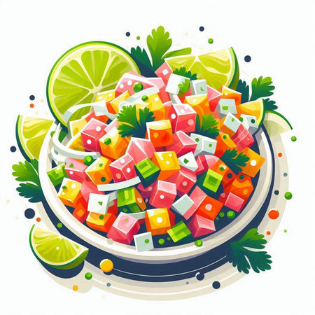 Vector illustration of a bowl of vegetable salad with lime and parsleyのイラスト素材