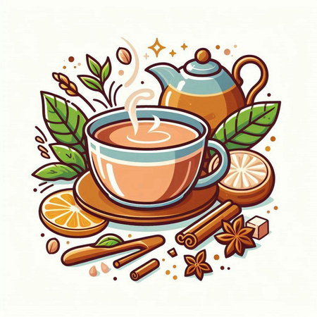 Cup of tea with cinnamon, anise and lemon. Vector illustration.のイラスト素材