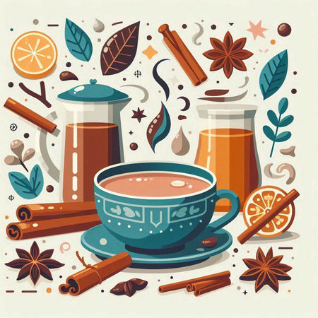 Cup of tea and spices. Vector illustration in flat style.のイラスト素材