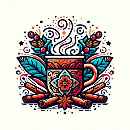 Coffee cup with floral ornament and cinnamon. Vector illustration.のイラスト素材