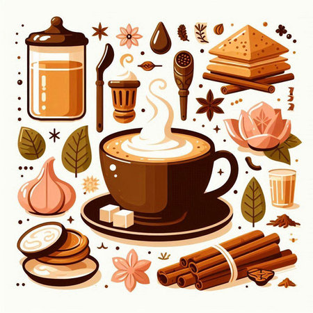 Coffee time. Coffee cup, cinnamon sticks, sugar cubes, gingerbread cookies and spices. Vector illustrationのイラスト素材