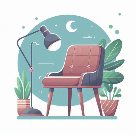 Comfortable armchair with table lamp and potted plants. Flat vector illustration.のイラスト素材