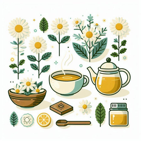 Vector illustration with chamomile tea, honey, lemon, teapot, spoon and flowers.のイラスト素材