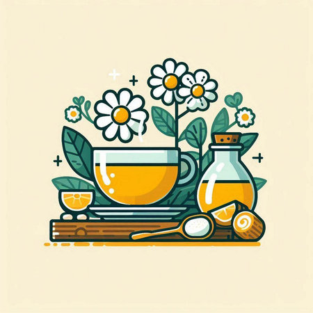 Cup of herbal tea with chamomile and lemon. Vector illustration.のイラスト素材