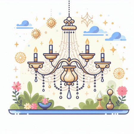 Vector illustration of chandelier in flat style with flowers and candlesのイラスト素材