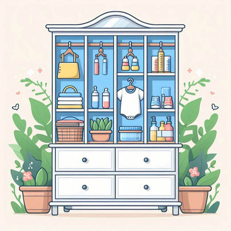 Illustration of a cabinet with clothes and accessories. Vector illustration.のイラスト素材