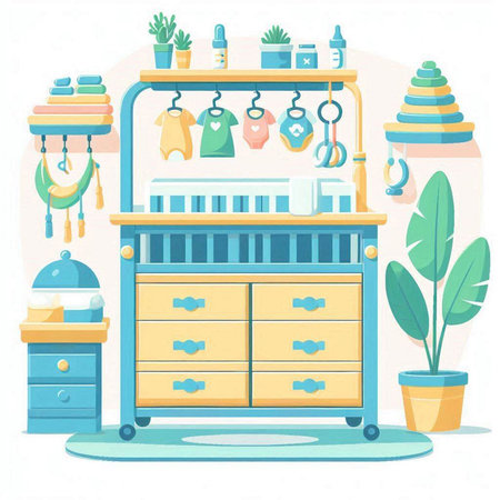 Baby room with furniture and toys. Vector illustration in flat style.のイラスト素材