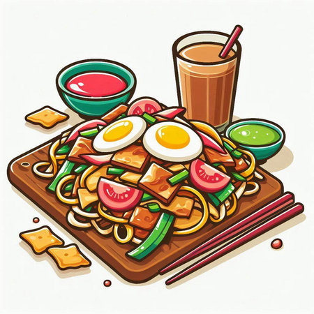 Illustration of a plate of noodle with fried egg and vegetablesのイラスト素材