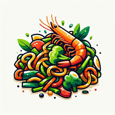 Noodles with shrimps and vegetables. Vector illustration.のイラスト素材