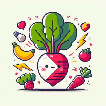 Vector illustration of cute radish character with vegetables, healthy food conceptのイラスト素材