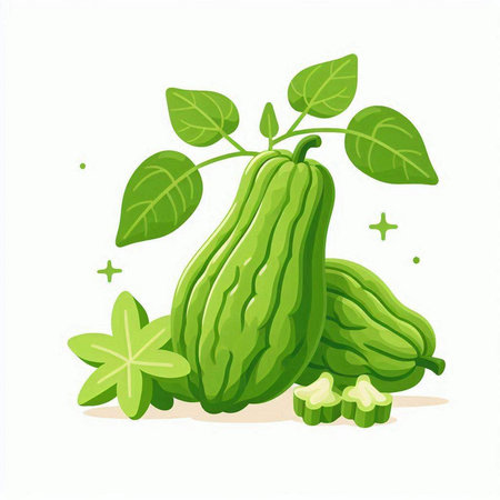 Green papaya with leaves isolated on white background. Vector illustration.のイラスト素材