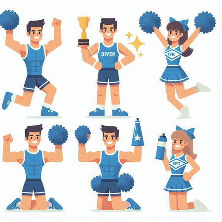 Cheerleaders set. Cheerleaders in uniform with pompoms and trophy in hands. Cheerleaders cartoon characters. Cheerleader vector illustrationのイラスト素材
