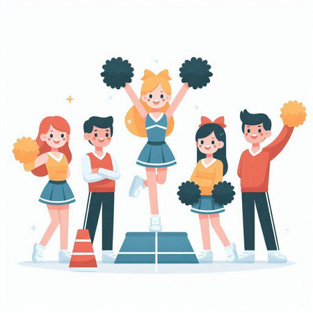 Cheerleaders at the stadium. Cheerful cheerleaders. Vector illustration in cartoon styleのイラスト素材
