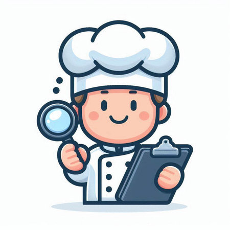 Cartoon Chef Holding Magnifier and Clipboard, Vector Illustrationのイラスト素材