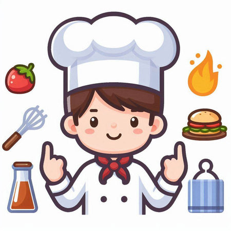 Chef boy cartoon character with chef hat, cooking tools and foodのイラスト素材