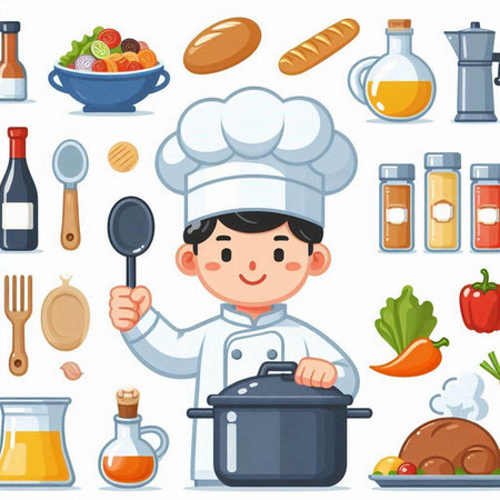 Chef and cooking icons. Cartoon illustration of chef and cooking icons for web designのイラスト素材