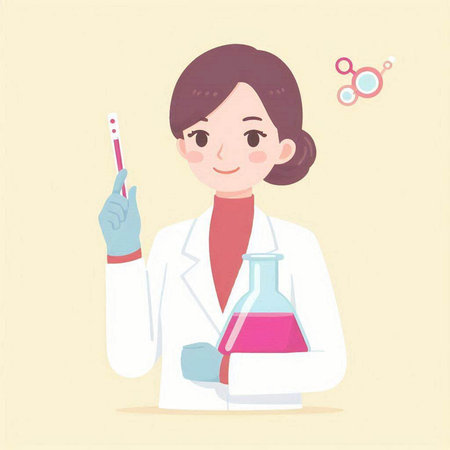 Female scientist holding a test tube and a flask. Vector illustration.のイラスト素材