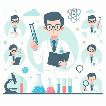 Set of flat icons with a scientist and laboratory equipment. Vector illustrationのイラスト素材