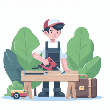 Carpenter working with a planer in his hands. Vector illustrationのイラスト素材