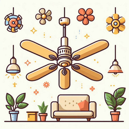 Ceiling fan and flower in flat line style. Vector illustrationのイラスト素材