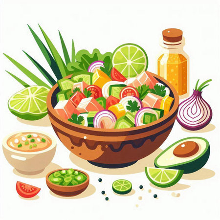 Vegetable salad in bowl on white background. Vector illustration.のイラスト素材