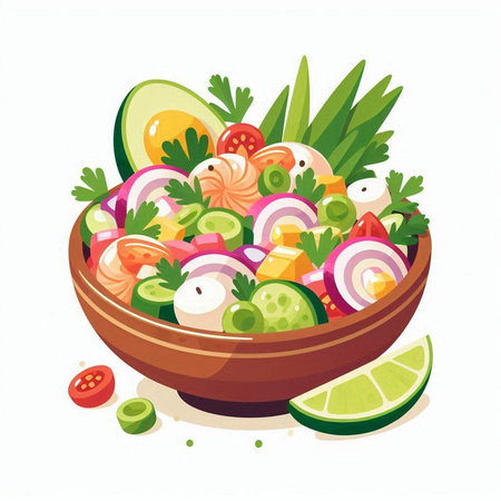 Salad of fresh vegetables in a wooden bowl. Vector illustration.のイラスト素材