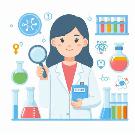 Scientist woman with chemical laboratory equipment. Vector illustration in flat styleのイラスト素材