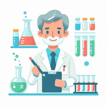 Scientist with equipment in laboratory vector illustration. Cartoon scientist in lab coat holding flask with chemical liquid and glassware.のイラスト素材