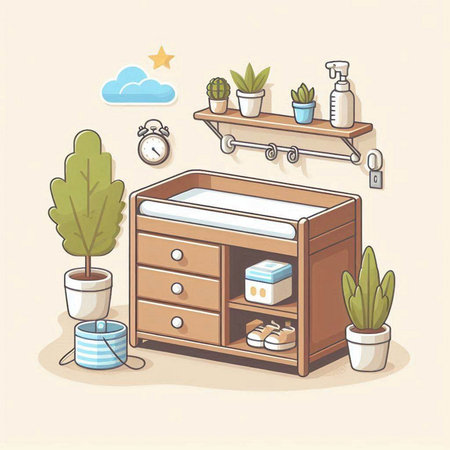 Bedroom interior with furniture and plants. Vector illustration in cartoon style.のイラスト素材