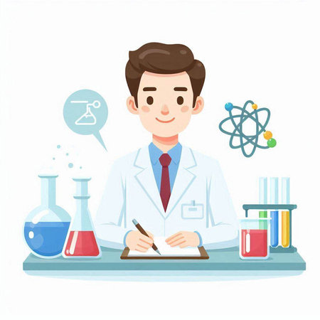 Scientist writing on clipboard in laboratory. Vector illustration in cartoon styleのイラスト素材