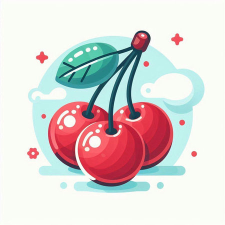 Cherry vector illustration. Cute cartoon cherries. Summer fruit.のイラスト素材