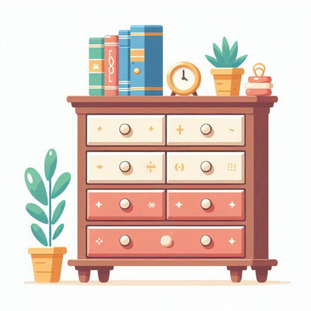 Wooden chest of drawers with books and plants. Vector illustrationのイラスト素材