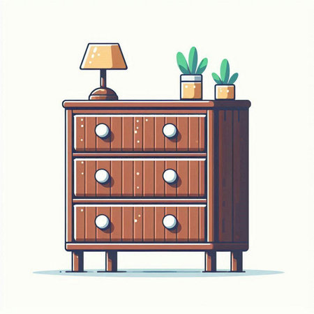 Wooden chest of drawers with lamps and plants. Vector illustration.のイラスト素材