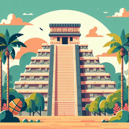 Ancient building in the jungle. Vector illustration in flat cartoon style.のイラスト素材