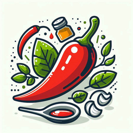 Chilli pepper and spices. Vector illustration in doodle style.のイラスト素材