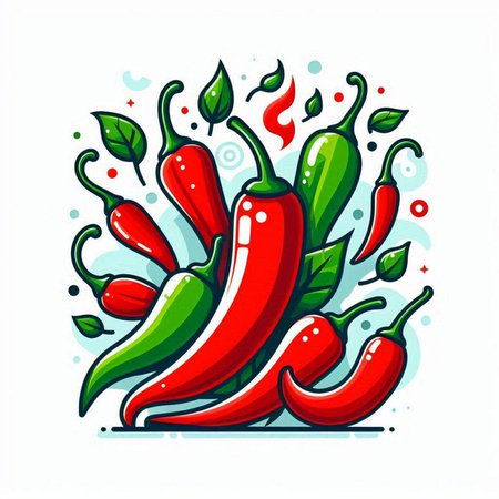Red hot chili peppers with green leaves on white background. Vector illustration.のイラスト素材