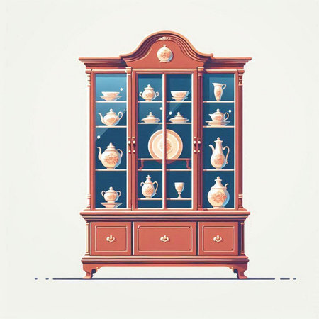 Vintage wooden cupboard with porcelain dishes. Vector illustration.のイラスト素材