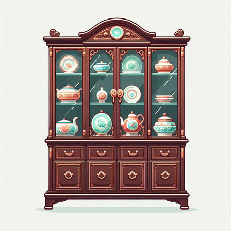 Vintage cupboard with porcelain dishes. Vector illustration.のイラスト素材