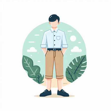 Young man in casual clothes standing in the park. Flat vector illustration.のイラスト素材
