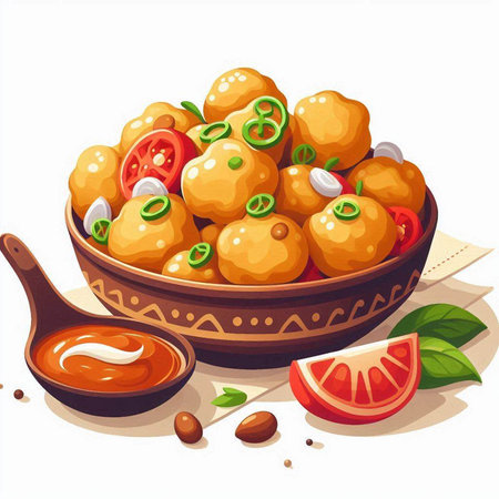 Illustration of a bowl of sweet potato balls with tomato sauce.のイラスト素材
