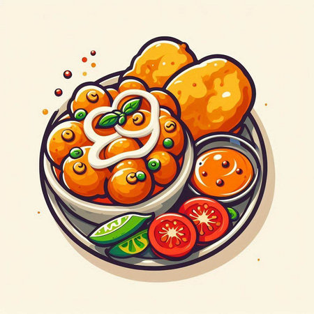 Indian food vector illustration. Traditional indian dish - Kachoriのイラスト素材