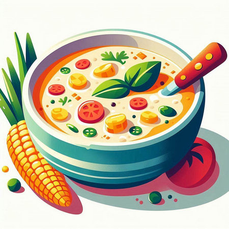 Vector illustration of a bowl of soup with vegetables, tomato, carrot, parsley and greensのイラスト素材