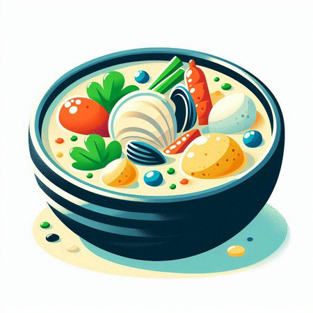 Illustration of a bowl of soup with vegetables and eggs, vectorのイラスト素材