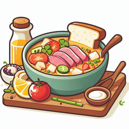 Vector illustration of a bowl of noodle soup with meat and vegetablesのイラスト素材