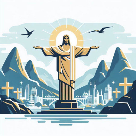 Crucifixion of Jesus Christ in the mountains. Vector illustration.のイラスト素材
