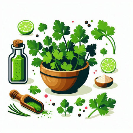 Coriander, parsley, lime and spices. Vector illustrationのイラスト素材