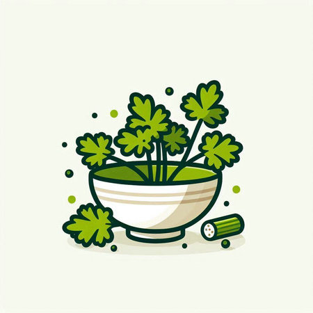 Celery, parsley in a bowl. Vector illustration.のイラスト素材